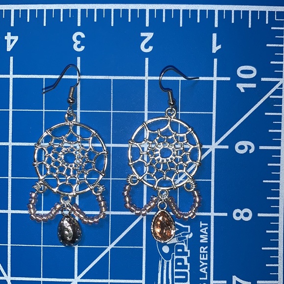 Pink Tear Drop Dangling From Dream Catcher Tibetan Boho Chandelier Style Earring - Picture 5 of 16